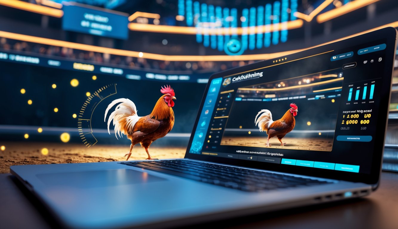 Arena sabung ayam online dengan dua ayam jago bertarung di layar digital dalam suasana teknologi modern.