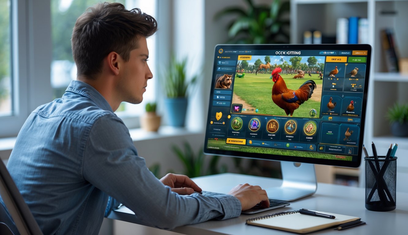 Seorang pria muda duduk di meja dengan laptop yang menampilkan permainan sabung ayam online, terlihat fokus dan tenang di ruang kerja rumah yang nyaman.