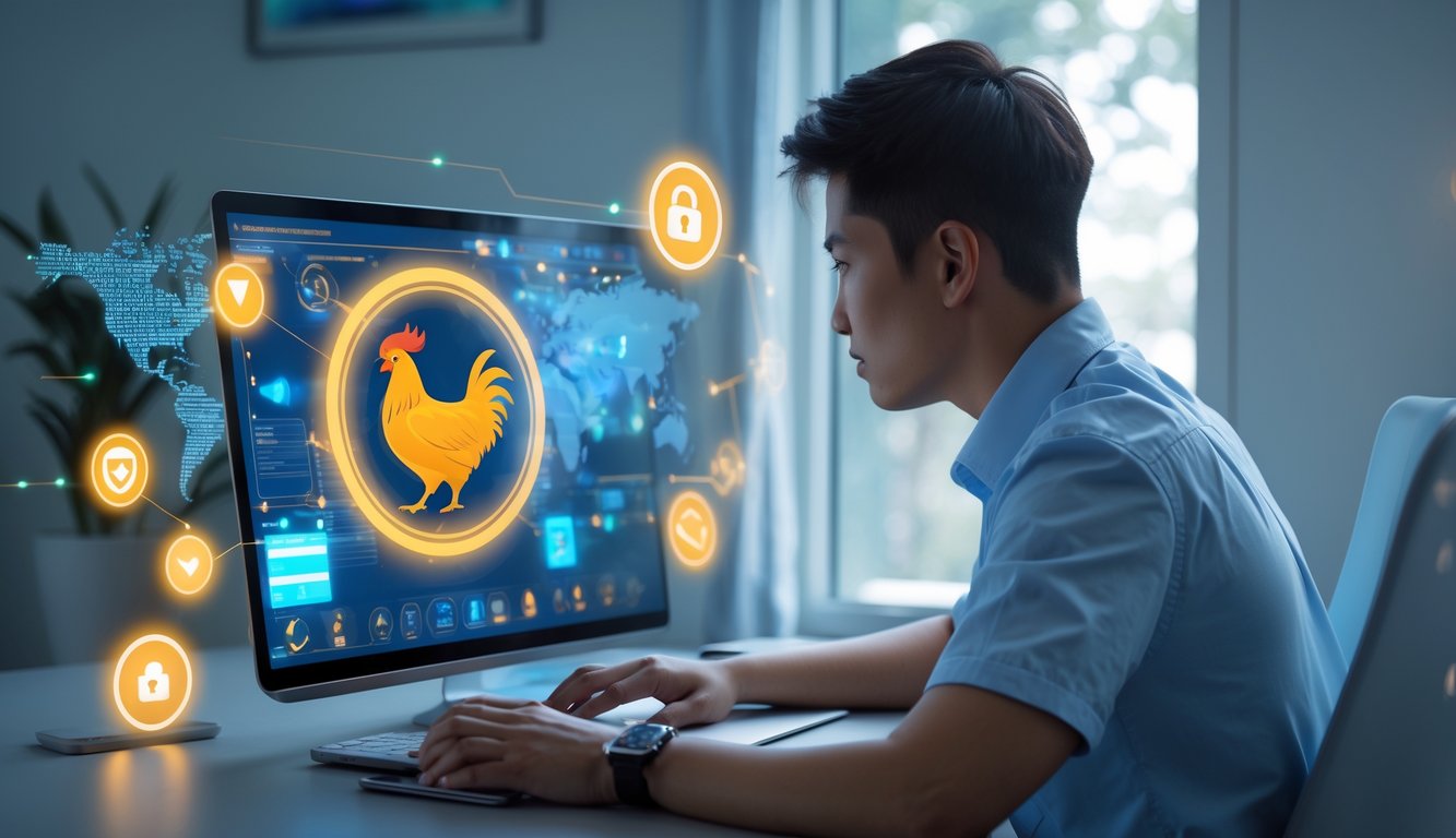 Seorang pria muda duduk di depan laptop di meja modern, fokus bermain permainan online dengan suasana ruangan terang dan rapi.