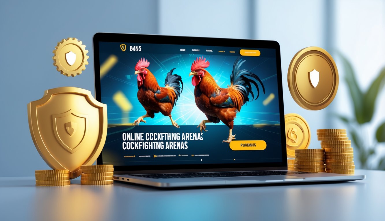 Seorang pengguna sedang melihat situs arena sabung ayam online terpercaya di layar komputer dengan ikon bonus dan simbol keamanan di sekitarnya.