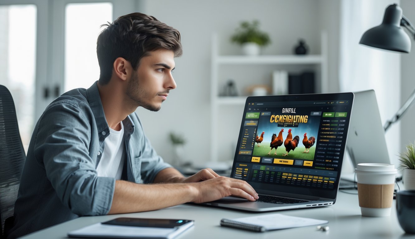 Seorang pria muda duduk di meja dengan laptop terbuka, fokus melihat layar permainan sabung ayam online di ruang kerja rumah yang terang dan rapi.
