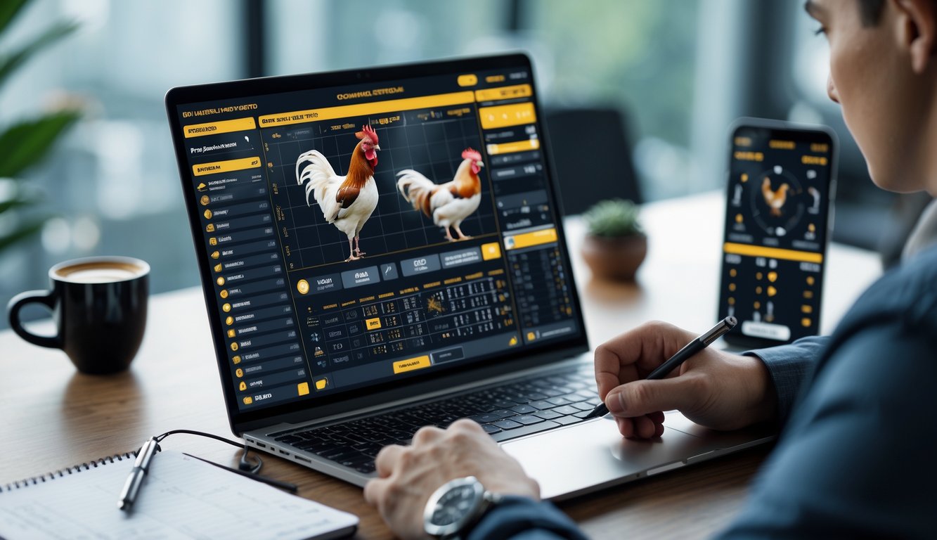 Seseorang sedang menganalisis data taruhan sabung ayam online di depan laptop dengan catatan dan ponsel di meja.