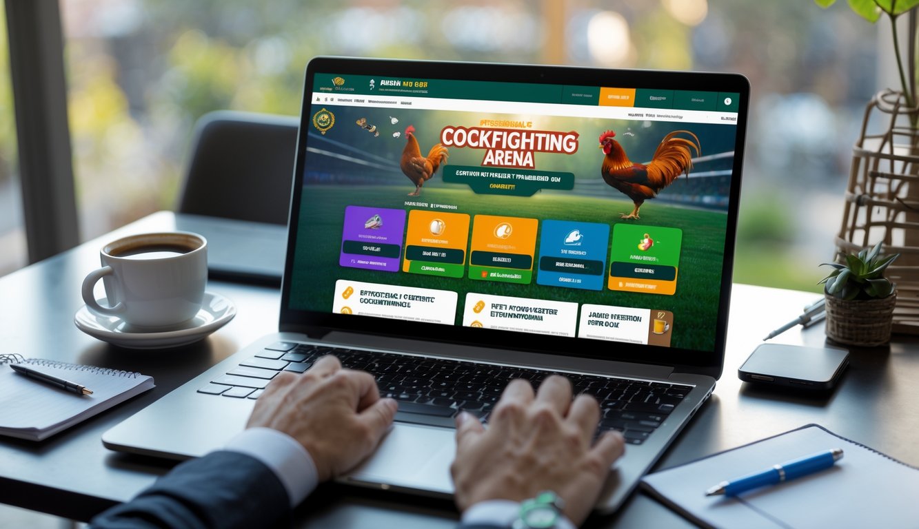 Seorang pengguna sedang melihat layar laptop dengan tampilan platform taruhan sabung ayam online di meja kerja yang rapi.
