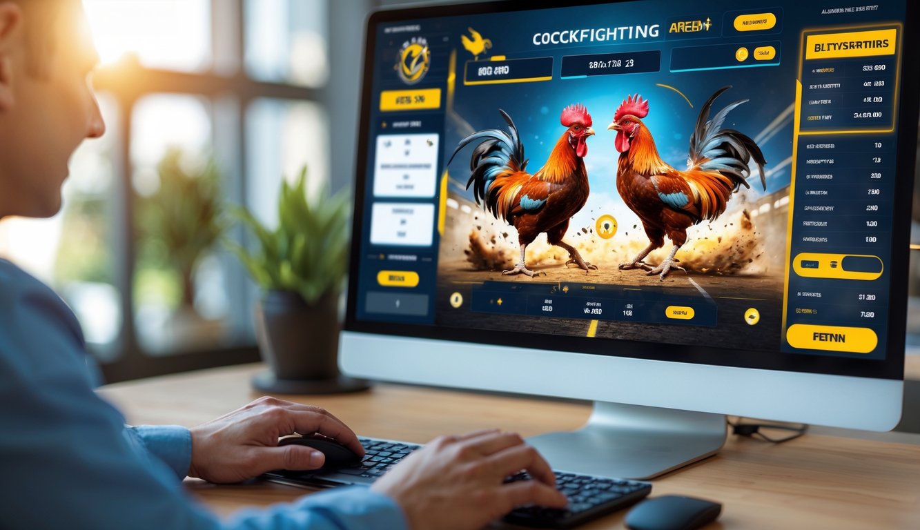 Seseorang menggunakan komputer dengan layar menampilkan arena sabung ayam online dan opsi taruhan.