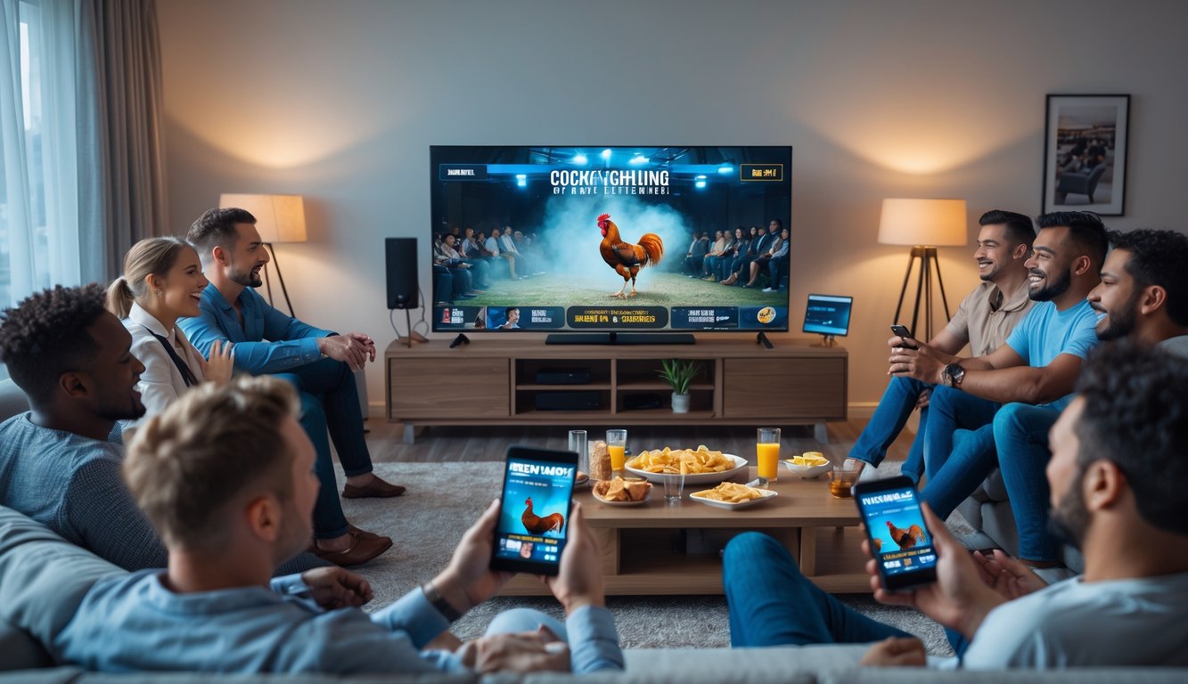 Sekelompok orang menonton pertandingan sabung ayam secara online di ruang tamu yang nyaman.