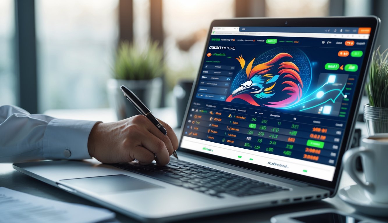 Seorang pria duduk di depan laptop yang menampilkan platform taruhan sabung ayam online, sedang fokus menganalisis layar di ruang kerja modern.