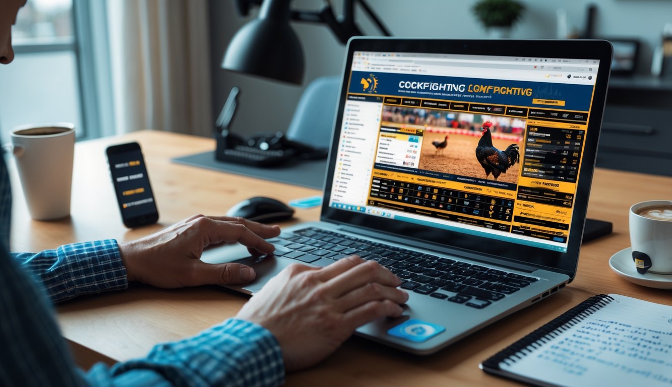 Seseorang menggunakan laptop di meja kerja dengan layar menampilkan situs taruhan sabung ayam online, dikelilingi oleh cangkir kopi, ponsel, dan catatan.