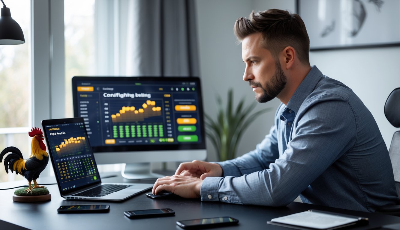 Seorang pria fokus duduk di meja dengan laptop dan ponsel, sedang menggunakan platform taruhan sabung ayam online di ruang kerja yang terang dan rapi.