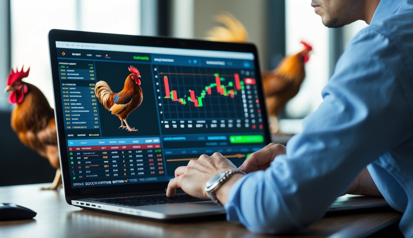 Seorang pria fokus menggunakan laptop di meja kerja dengan tampilan platform taruhan sabung ayam online di layar.