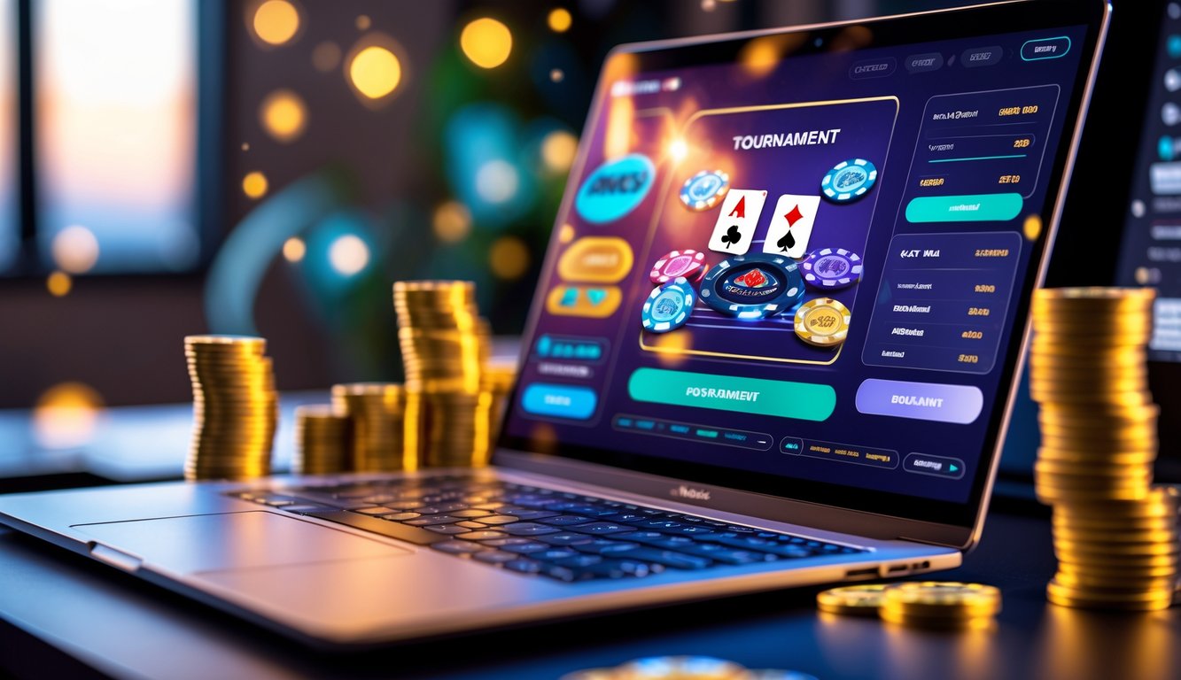 Seorang pemain poker online menggunakan komputer dengan layar menampilkan permainan poker dan tumpukan chip di sekitarnya.