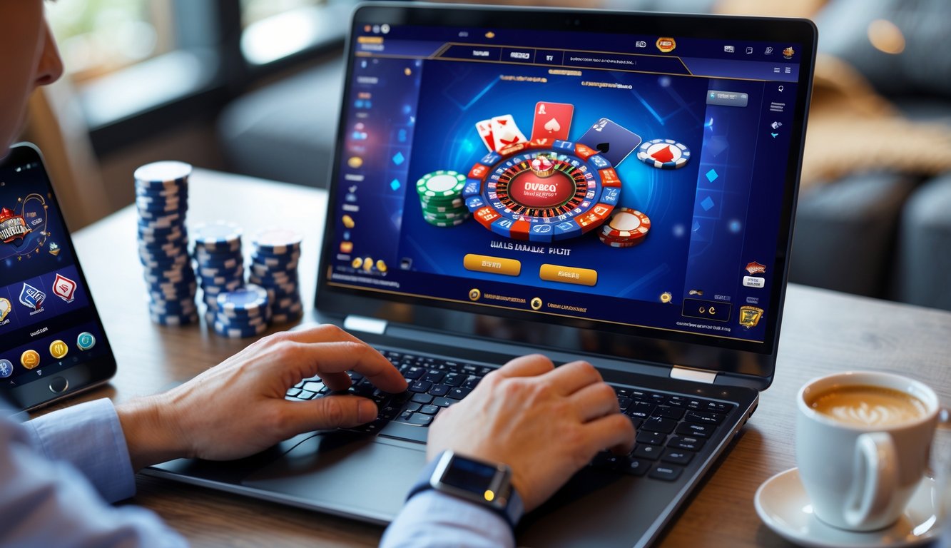 Seorang pemain sedang menggunakan laptop dengan tampilan permainan poker online dan tumpukan chip di meja.