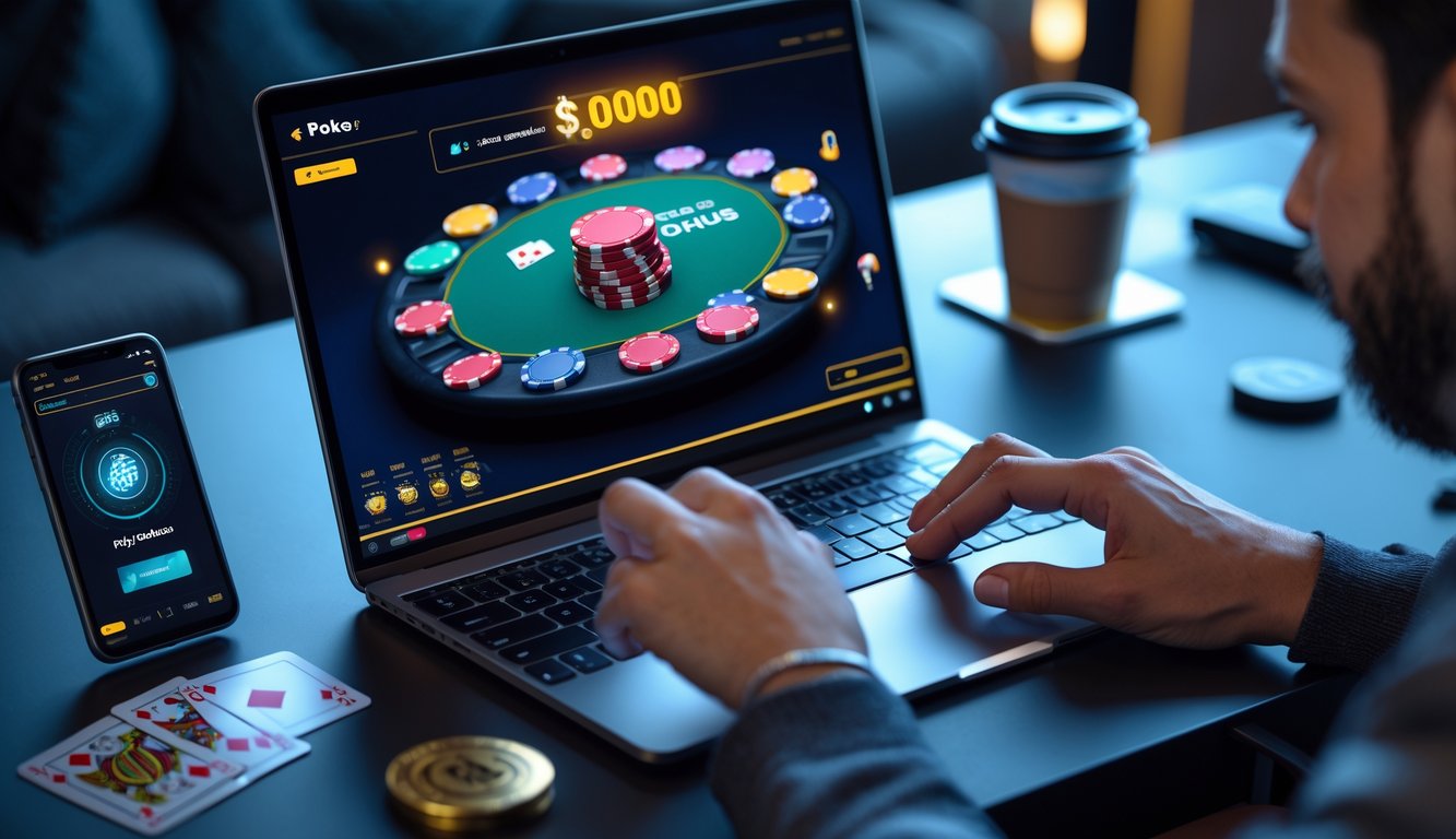 Orang sedang bermain poker online di laptop dengan chip poker dan kartu di layar, di meja kerja yang rapi.