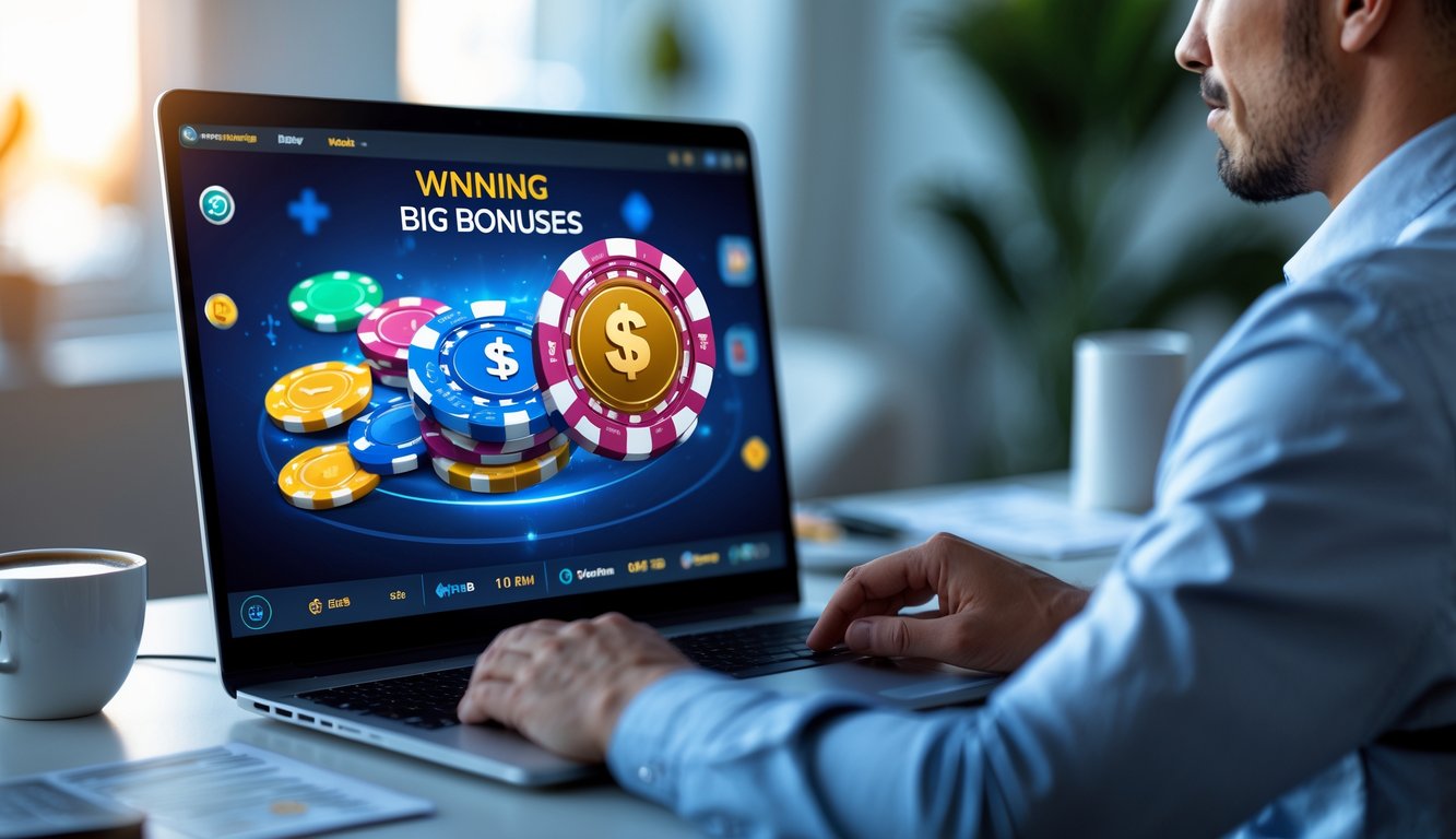 Seseorang yang fokus bermain poker online di depan komputer dengan chip poker dan kartu terlihat di layar.