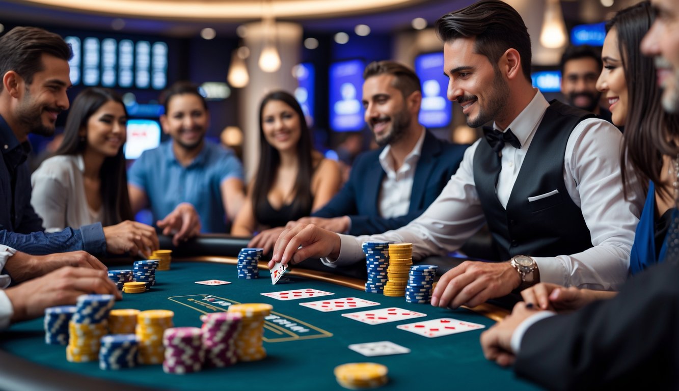 Meja poker dengan pemain yang fokus dan dealer membagikan kartu di lingkungan kasino yang modern dan elegan.