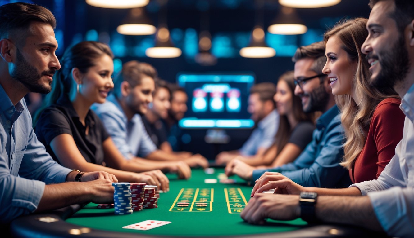 Sekelompok orang bermain poker di meja dengan tumpukan chip dan kartu, suasana serius dan fokus.