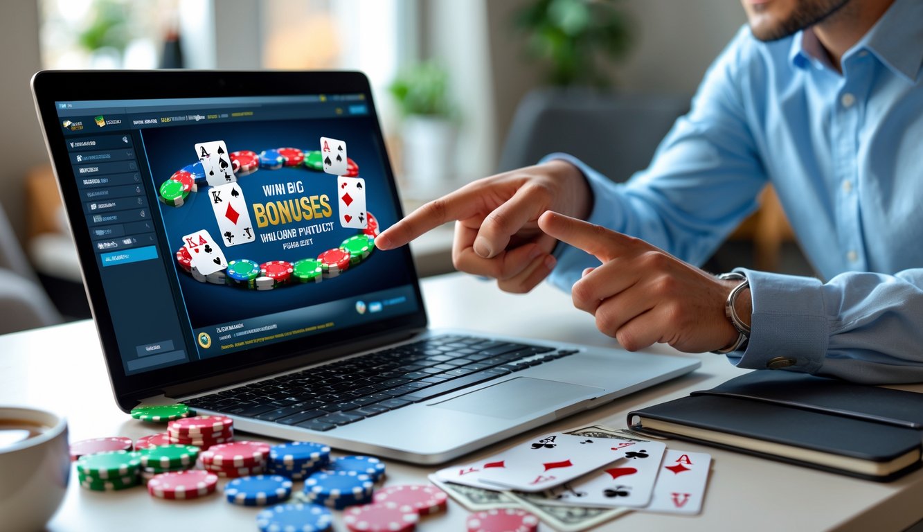 Seseorang duduk di depan laptop dengan permainan poker online di layar, dikelilingi chip poker dan kartu remi, menunjukkan suasana kemenangan dan strategi.