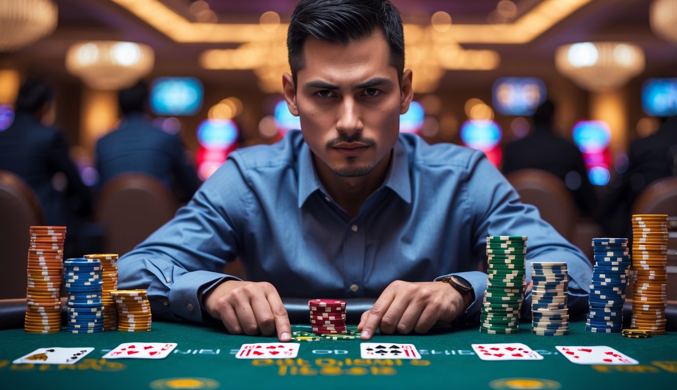 Seorang pemain poker serius duduk di meja poker dengan tumpukan chip dan kartu di depan, di latar belakang suasana kasino yang elegan.