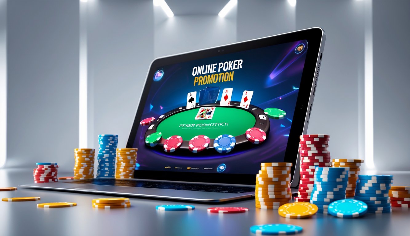 Sebuah laptop menampilkan permainan poker online dengan tumpukan chip poker dan kartu bermain di sekitarnya.