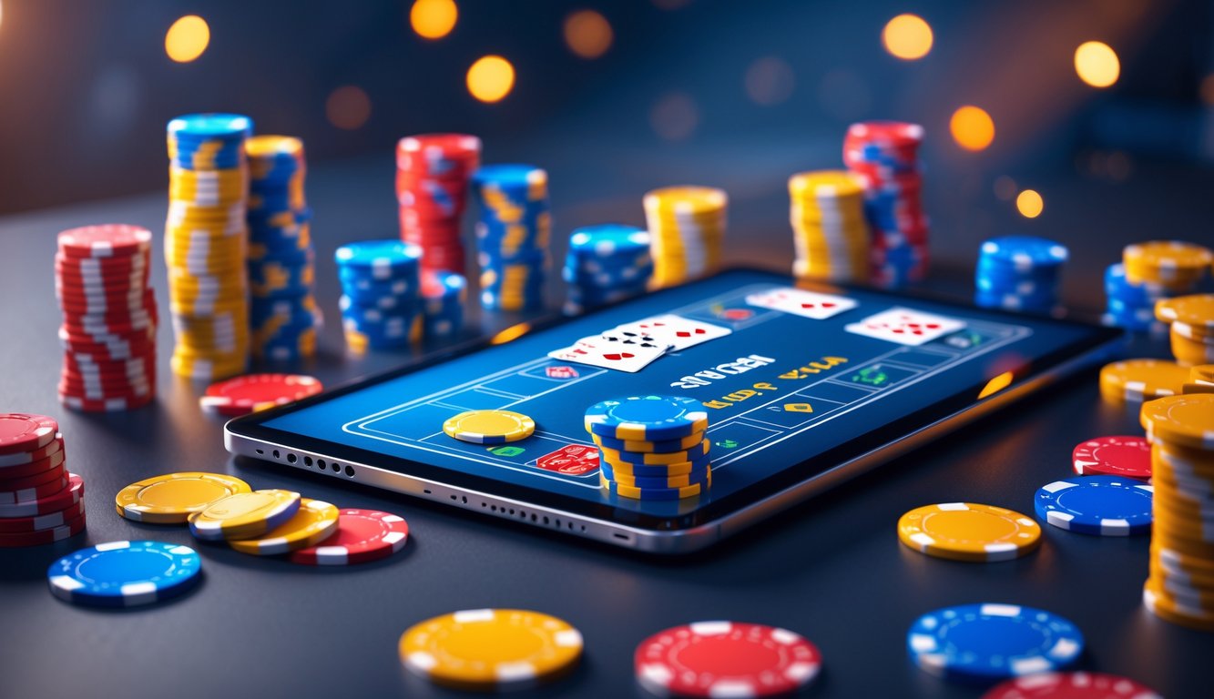 Meja poker digital dengan tumpukan chip warna-warni dan kartu bermain di sekitar perangkat elektronik, menggambarkan suasana permainan poker online.