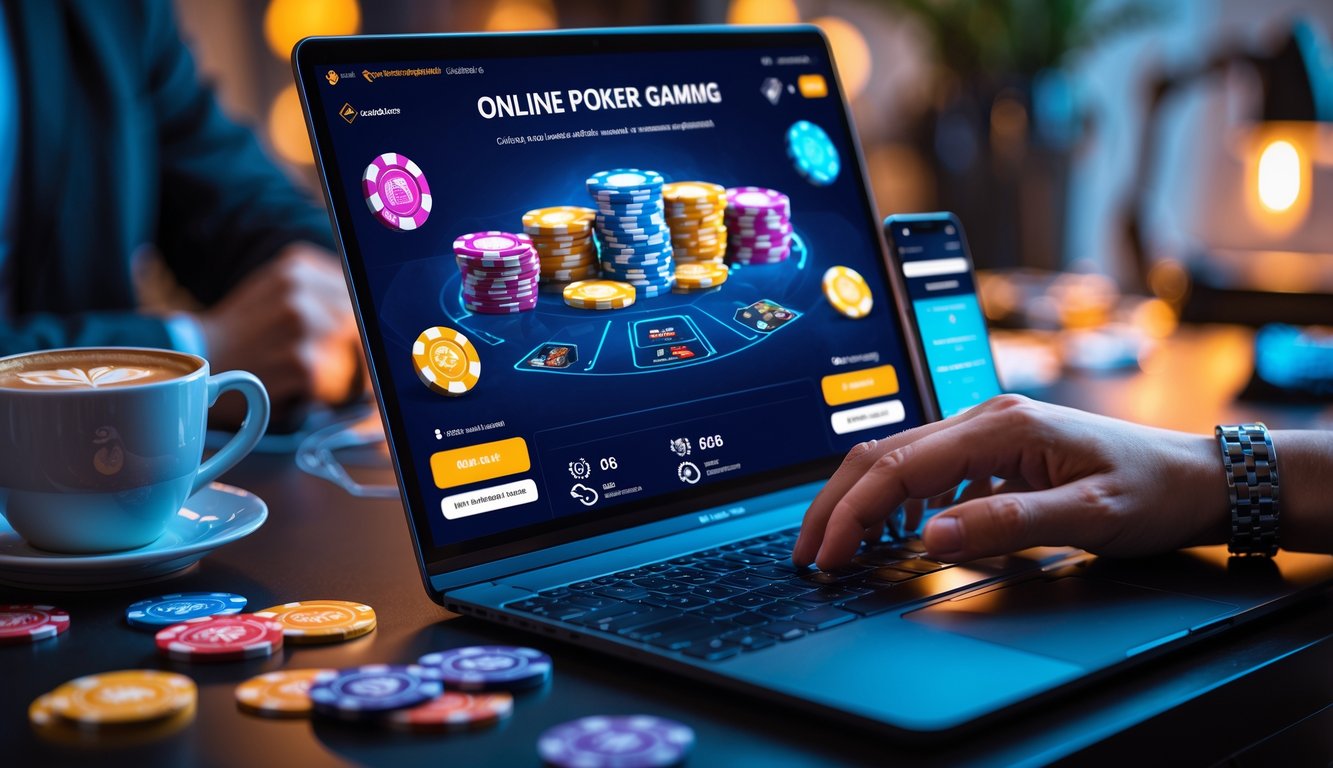 Seorang pemain poker online sedang menggunakan laptop dengan tumpukan chip poker dan kartu di meja, menunjukkan suasana klaim hadiah dan penawaran bonus.
