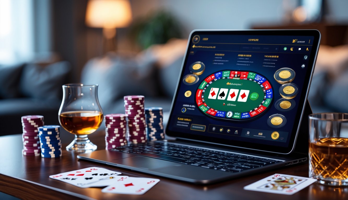 Sebuah meja dengan laptop yang menampilkan permainan poker online, tumpukan chip poker, kartu bermain, dan gelas minuman di lingkungan rumah atau kantor yang nyaman.