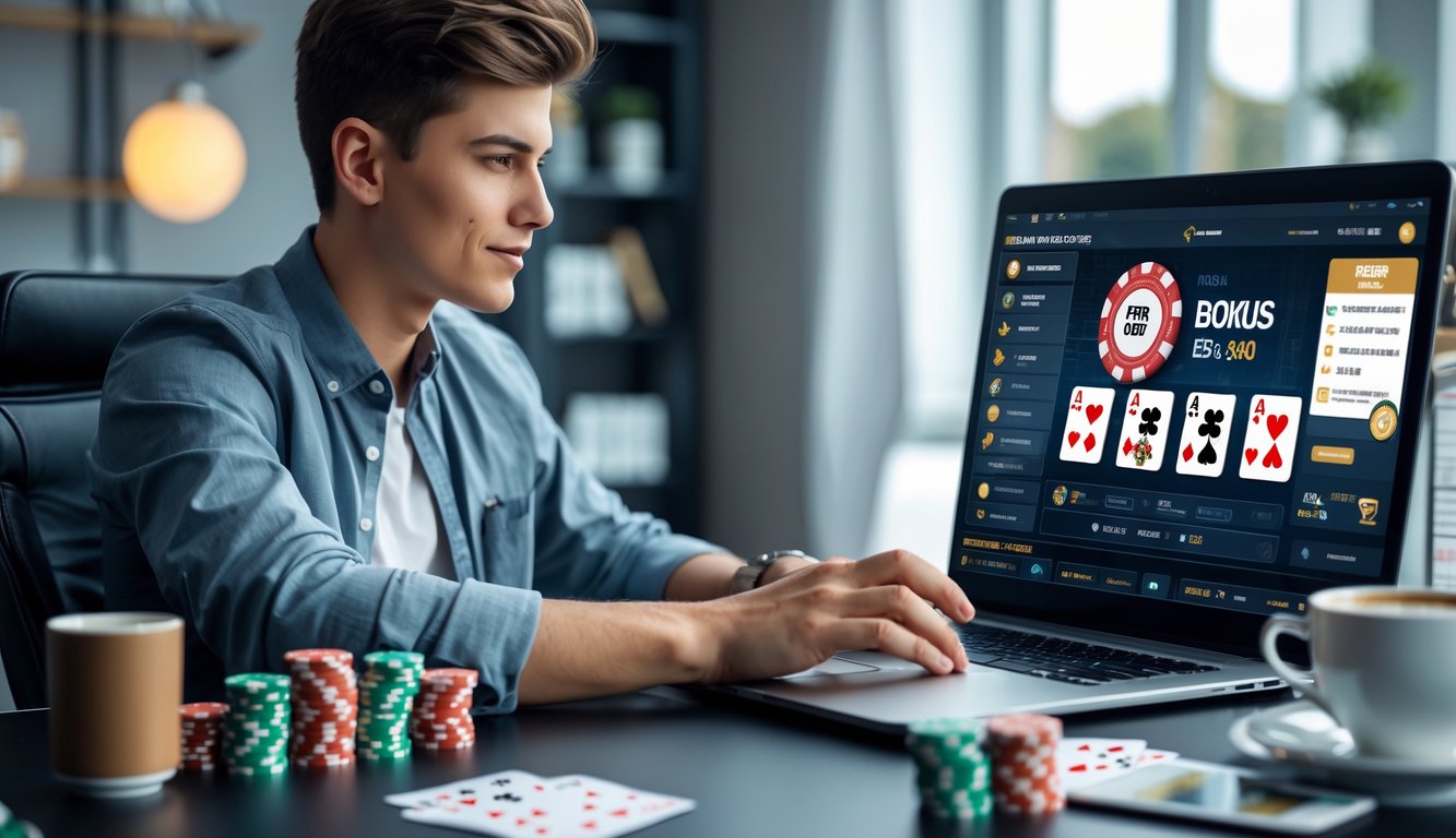 Seorang dewasa muda duduk di meja kerja dengan laptop yang menampilkan permainan poker online, dikelilingi oleh chip poker dan kartu bermain.