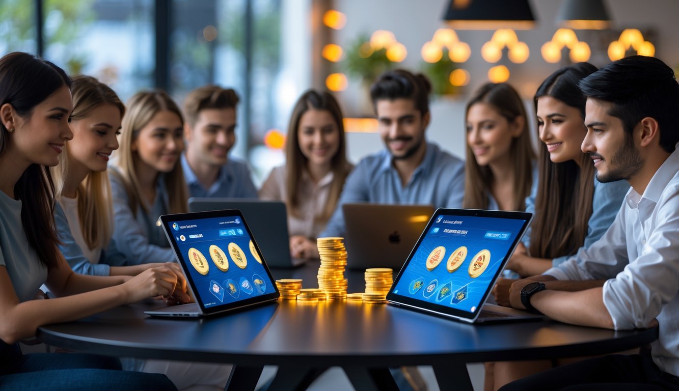 Sekelompok orang muda bermain poker online menggunakan laptop dan tablet di ruangan yang nyaman.