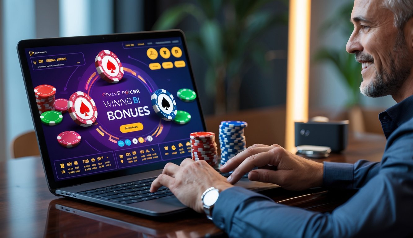 Seorang pemain poker online yang fokus bermain di laptop dengan tumpukan chip dan kartu poker di atas meja.