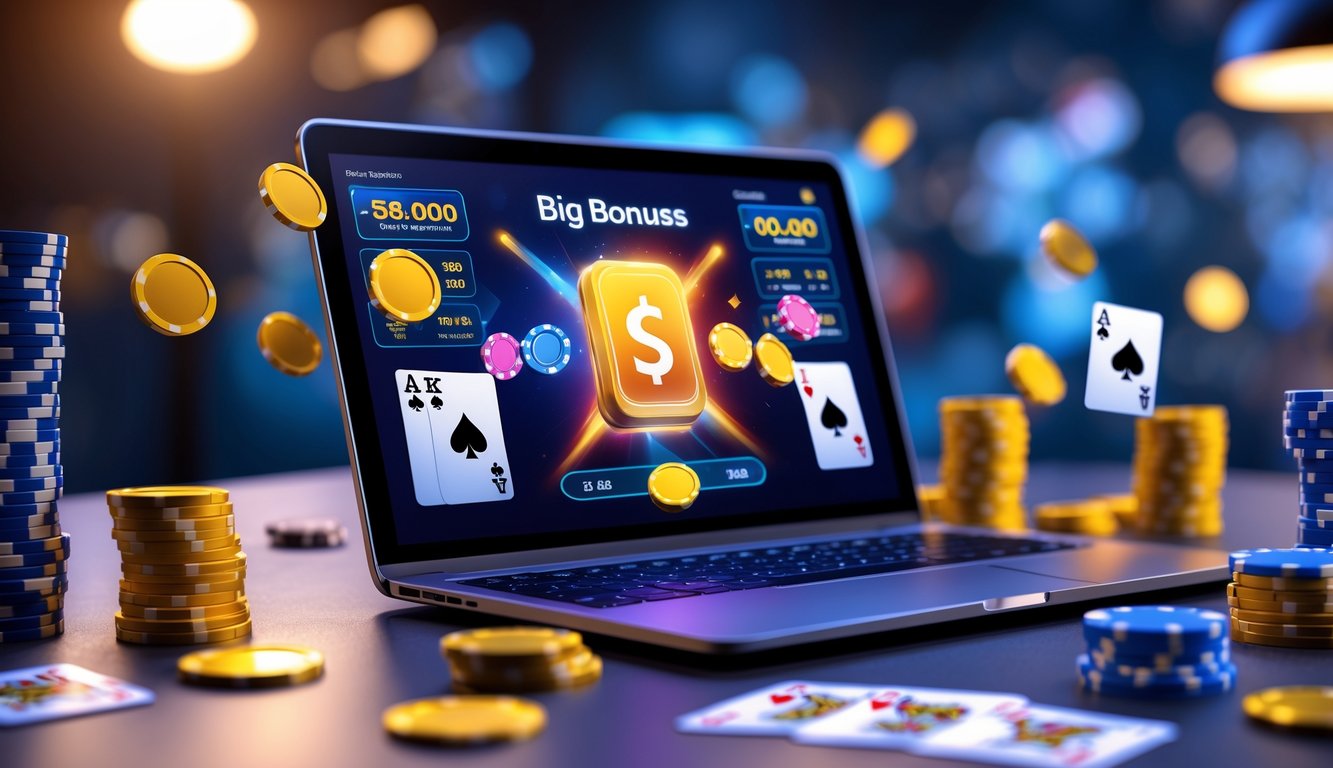 Seorang pemain poker online menggunakan komputer dengan tampilan permainan poker dan chip di sekitarnya.