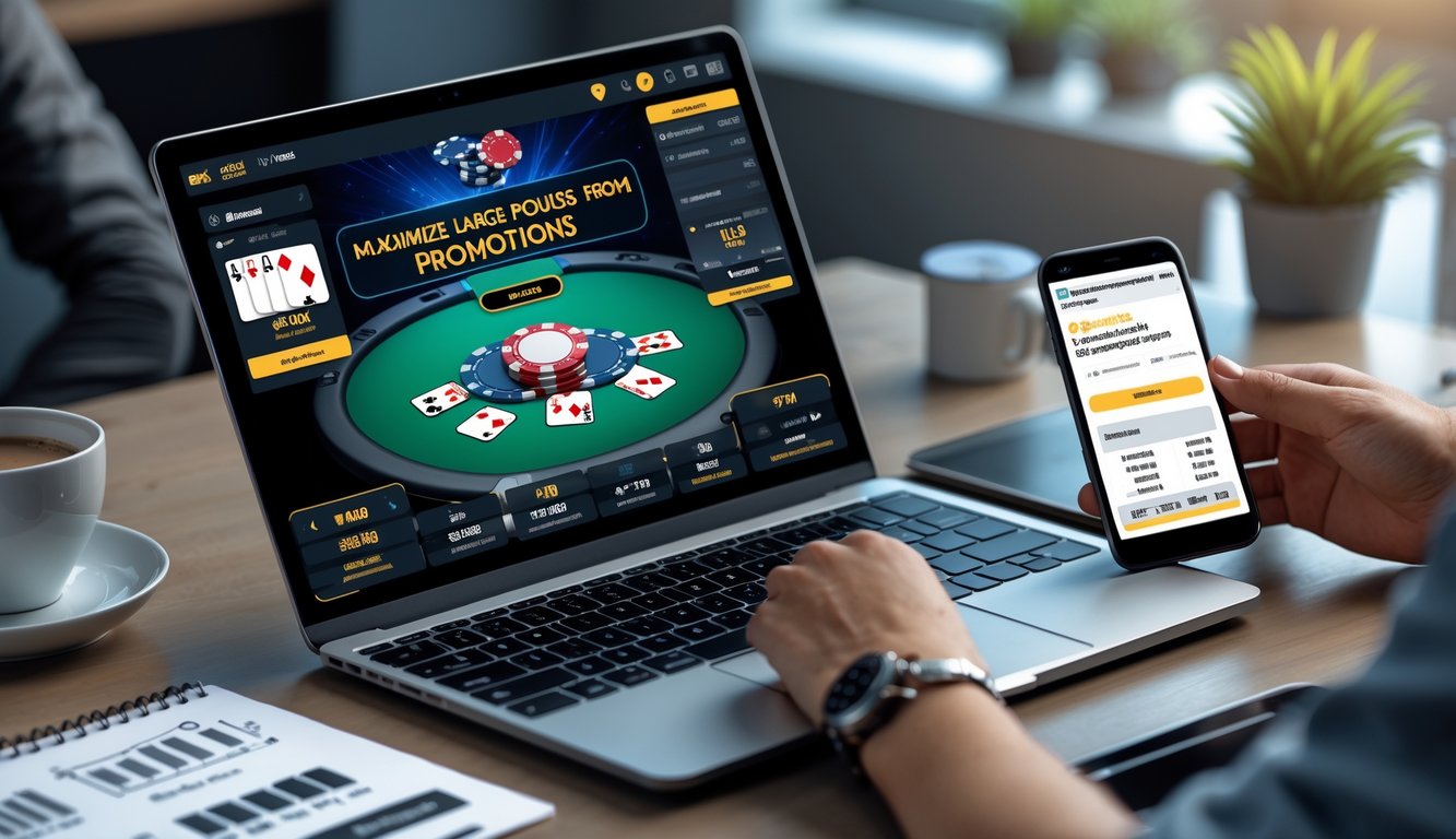 Seorang pria menggunakan laptop dan ponsel untuk bermain poker online dengan chip dan kartu poker di layar, di meja terdapat catatan strategi dan secangkir kopi.