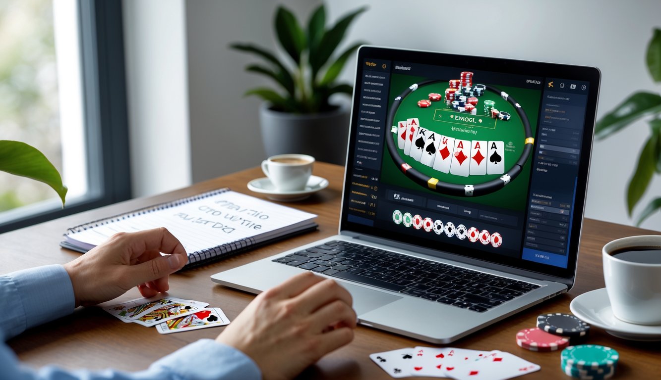 Sebuah meja kerja dengan laptop yang menampilkan permainan poker online, tumpukan chip poker, kartu bermain, dan tangan seseorang yang sedang bermain.