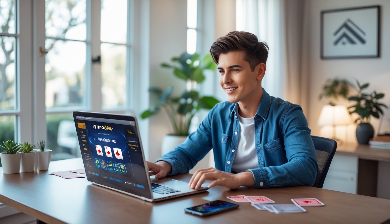 Seseorang duduk di meja dengan laptop yang menampilkan permainan poker online, dikelilingi oleh kartu remi dan chip poker.