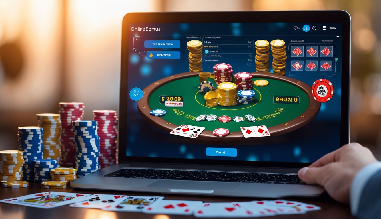Sebuah meja dengan komputer menampilkan permainan poker online, dengan tumpukan chip poker dan kartu di sekitar, menggambarkan suasana bermain poker dengan peluang bonus besar.
