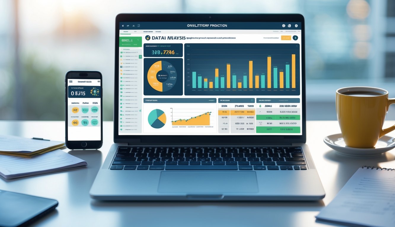 Sebuah ruang kerja modern dengan laptop yang menampilkan analisis data prediksi lotere, dikelilingi catatan, ponsel, dan cangkir kopi.