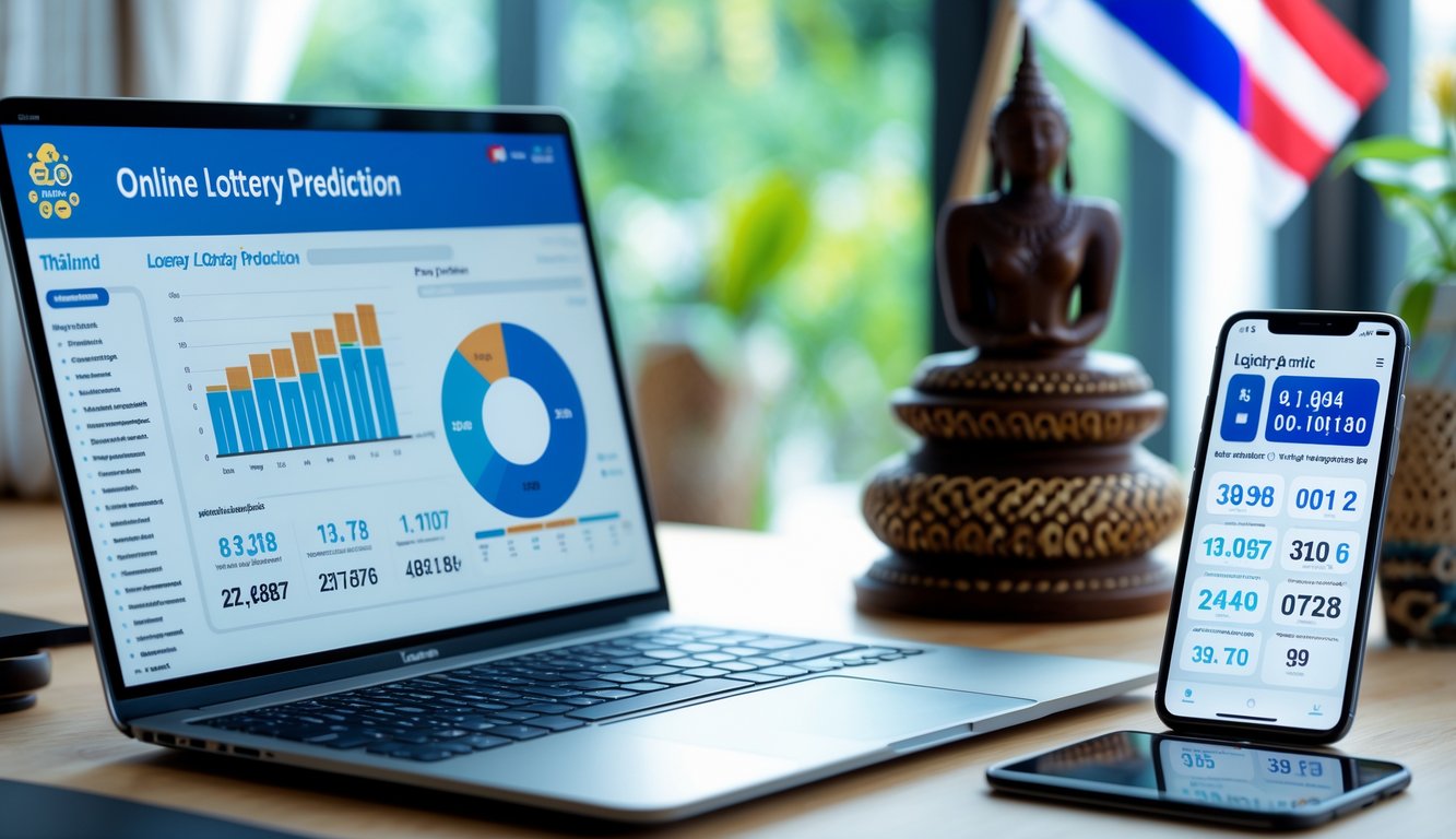 Meja kerja dengan laptop dan ponsel menampilkan data prediksi togel Thailand secara online, dengan dekorasi kecil bertema Thailand di latar belakang.