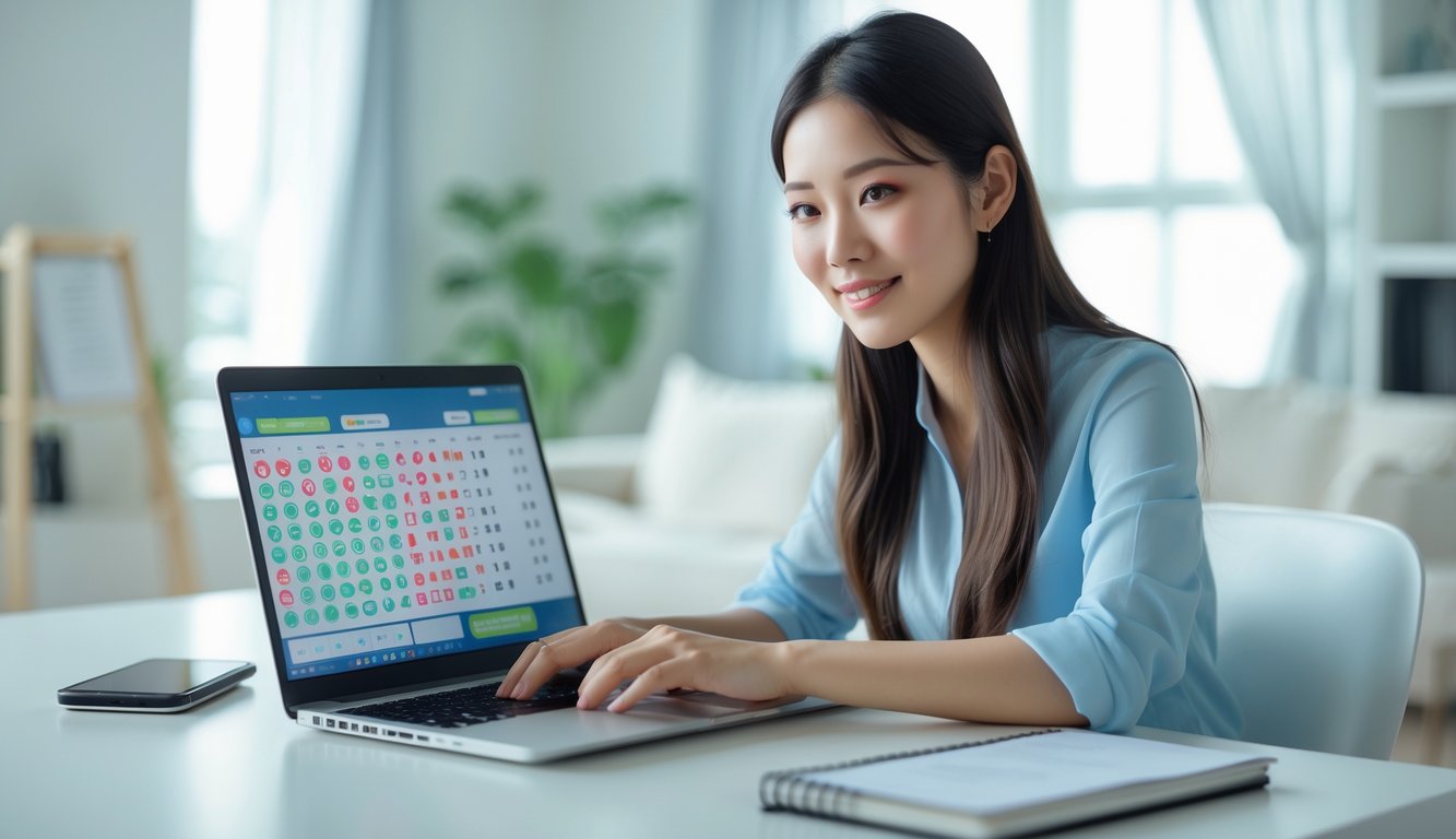 Seorang wanita muda duduk di meja dengan laptop dan ponsel, terlihat fokus menggunakan perangkat untuk aktivitas online di ruang kerja rumah yang terang.