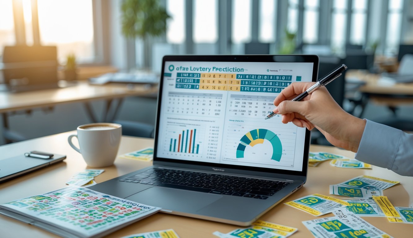 Meja kerja dengan laptop, catatan angka, tiket lotere, dan ponsel yang menampilkan aplikasi lotere.