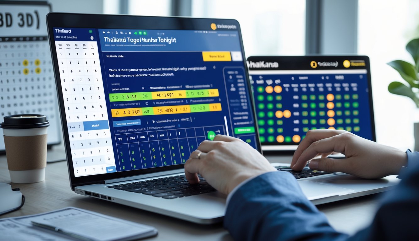 Seorang pria duduk di depan laptop dengan grafik dan angka togel di layar, di meja terdapat ponsel dan secangkir kopi.