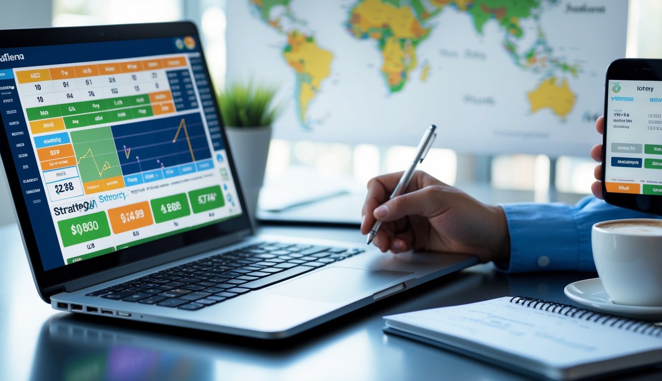 Seseorang sedang bekerja dengan laptop, buku catatan, dan ponsel di meja, menganalisis data terkait lotere online Thailand.