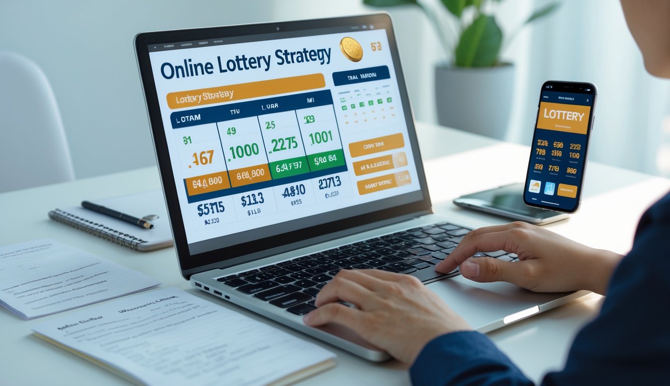 Orang sedang bekerja di depan laptop dengan catatan dan ponsel yang menampilkan data angka togel, suasana fokus dan terorganisir.