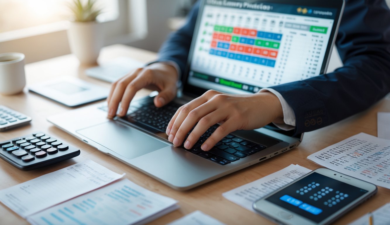 Meja kerja modern dengan laptop menampilkan grafik dan angka prediksi togel, tangan seseorang sedang mengetik, serta alat tulis dan ponsel di sekitar meja.