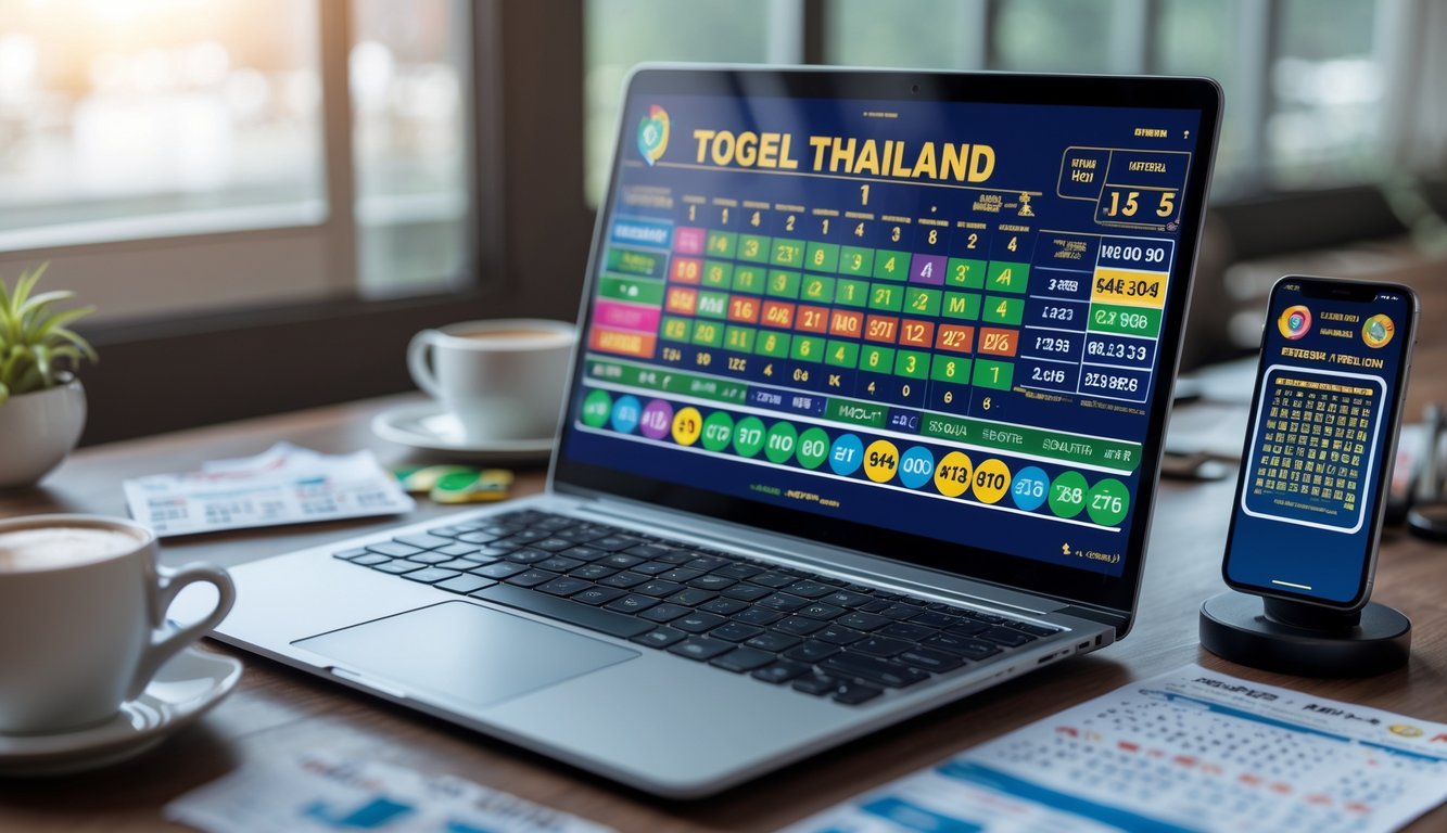 Meja kerja dengan laptop menampilkan angka togel, tiket lotre, dan ponsel dengan aplikasi prediksi, suasana fokus dan terorganisir.