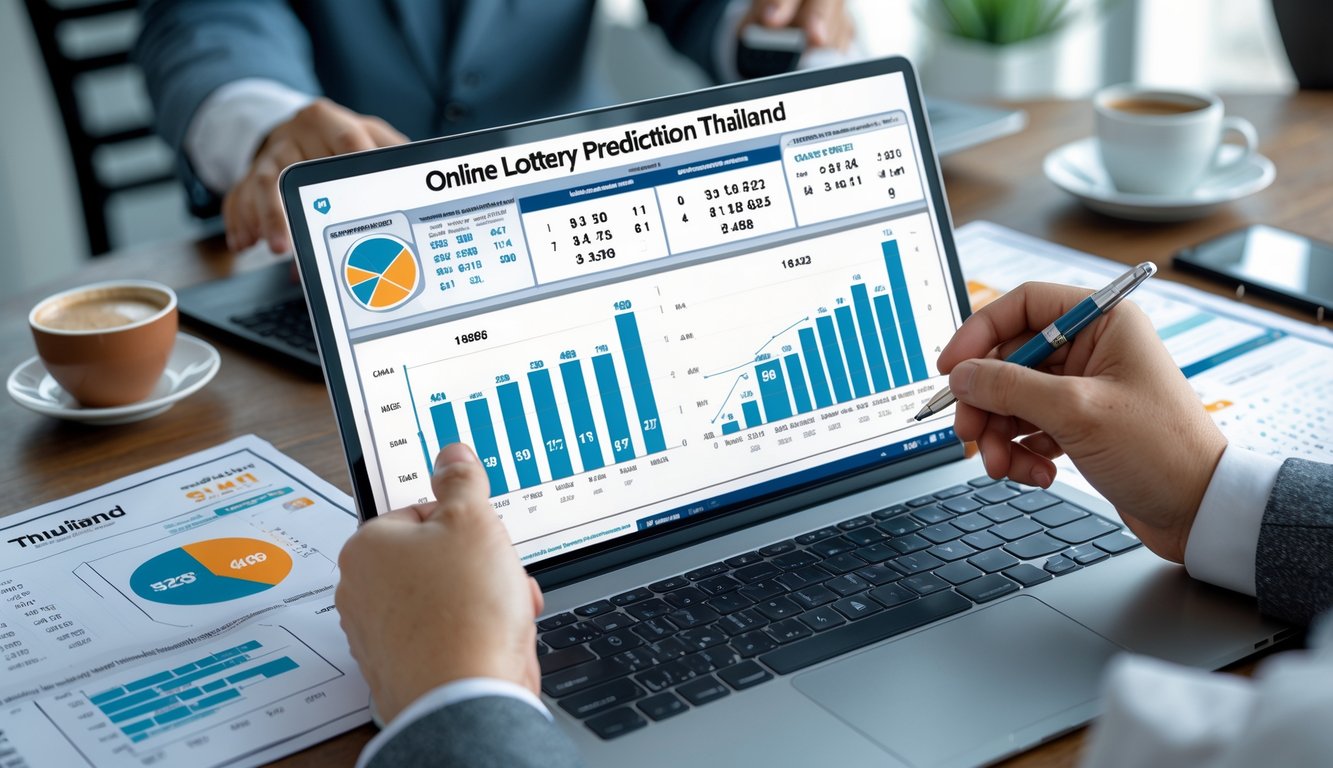 Seseorang sedang menganalisis data angka pada laptop dan kertas di meja kerja dengan alat tulis, dikelilingi oleh kopi dan ponsel.