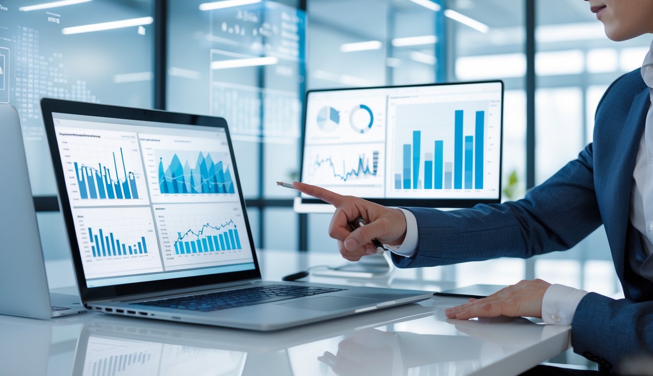 Seorang profesional sedang menganalisis data angka pada perangkat digital di ruang kantor modern yang terang dan bersih.