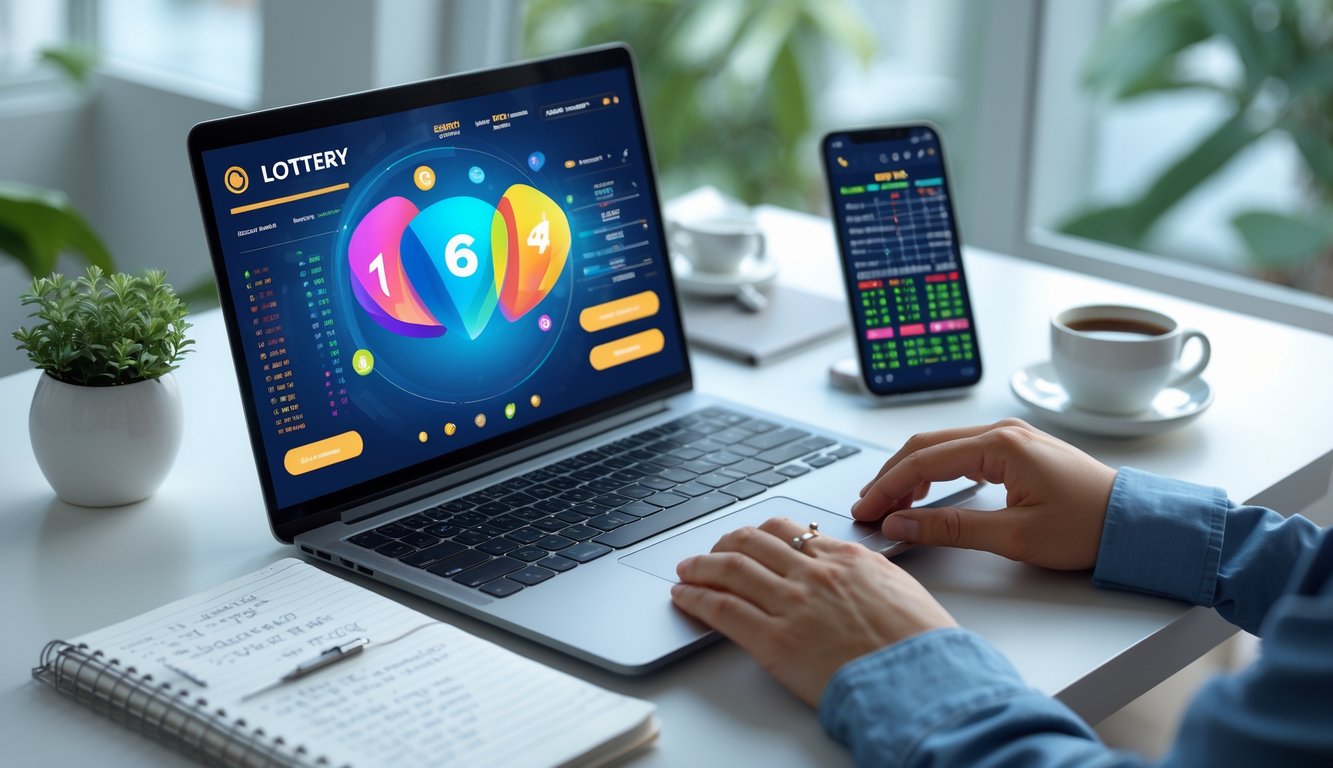 Seseorang sedang menggunakan laptop di meja kerja dengan layar menampilkan antarmuka permainan togel dan alat prediksi, di sekitar meja terdapat kopi, ponsel, dan buku catatan.