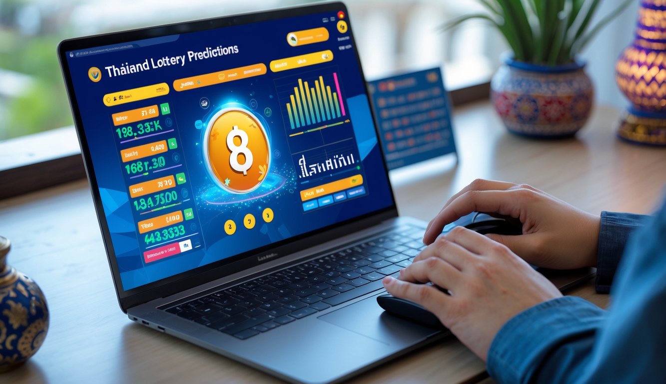 Seseorang menggunakan laptop di meja kerja dengan tampilan layar yang menampilkan prediksi togel Thailand, dikelilingi oleh elemen dekorasi kecil yang menunjukkan budaya Thailand.
