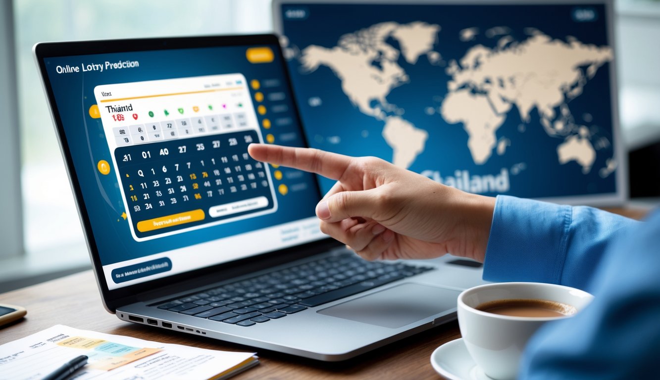 Seseorang sedang menunjuk layar laptop yang menampilkan angka dan grafik prediksi togel dengan suasana kerja yang serius dan fokus.