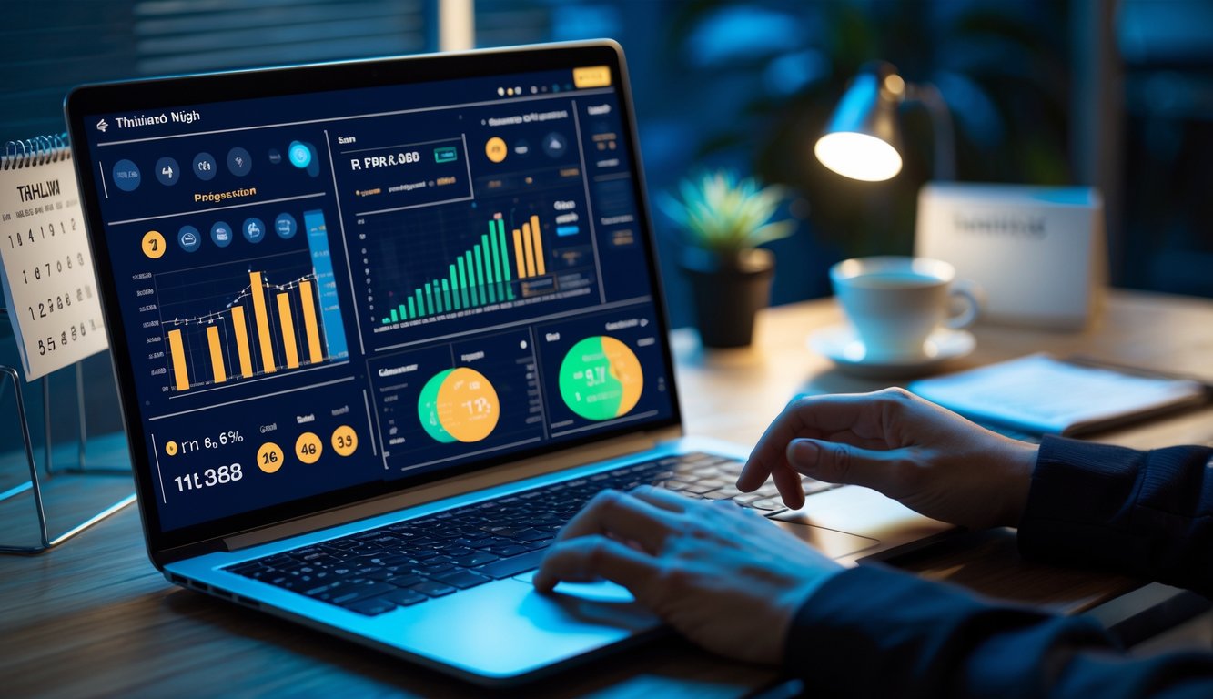 Seseorang sedang bekerja dengan laptop yang menampilkan data dan angka di meja kerja yang rapi dalam suasana malam hari.