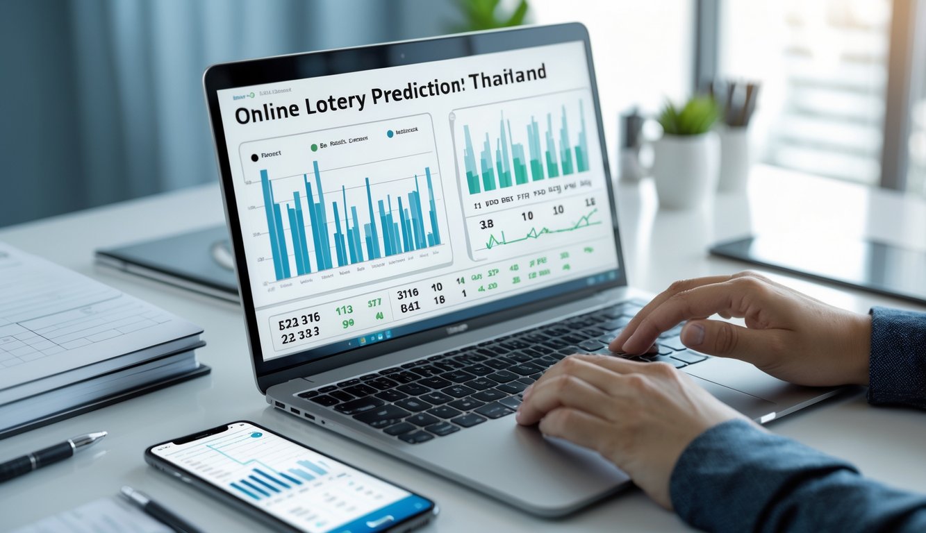 Seseorang sedang bekerja dengan laptop dan alat tulis di meja, melihat data dan grafik terkait pola dan prediksi angka togel Thailand online.