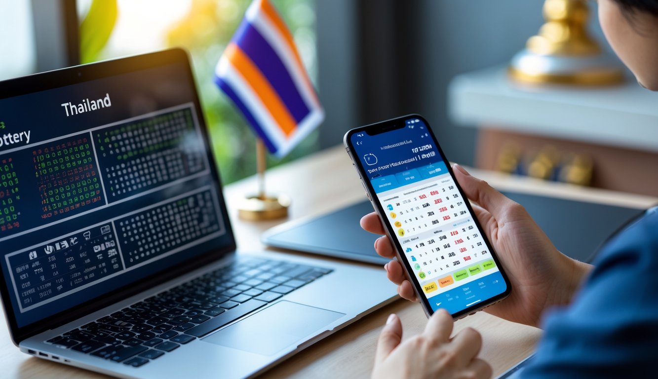 Sebuah ruang kerja modern dengan laptop dan ponsel yang menampilkan data dan pola angka togel Thailand, dengan tangan seseorang sedang menggunakan ponsel.